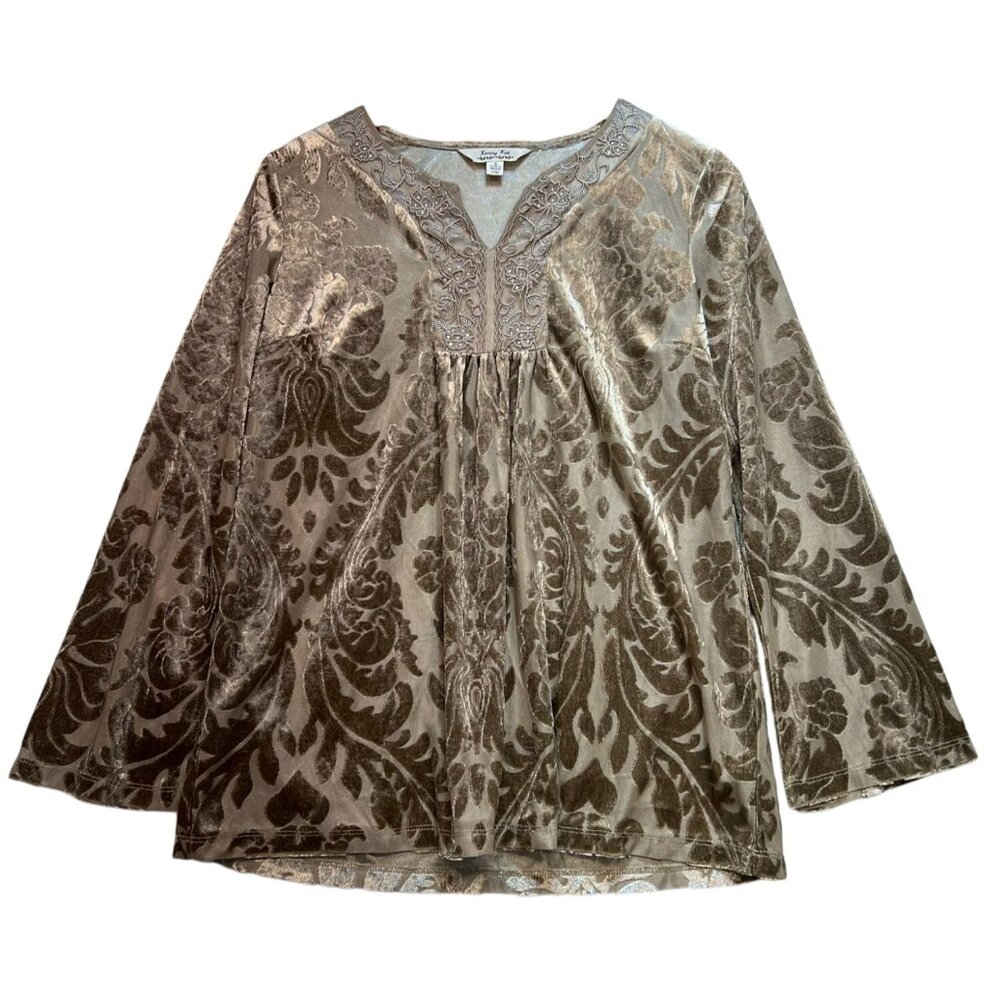 Krazy Kat Women's Embroidered Floral Tunic Top Long Sleeve Sz S Beige Split Neck